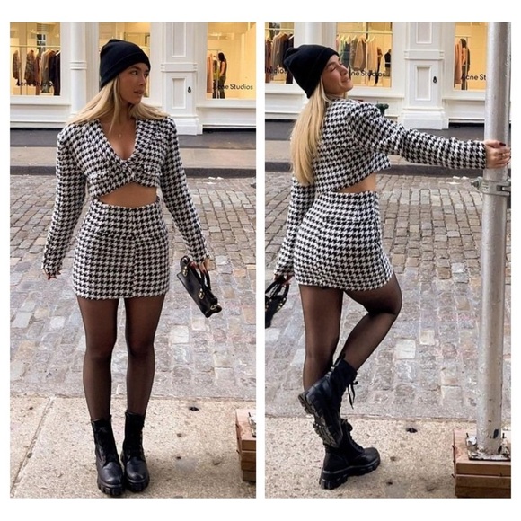 For Love and Lemons Bonnie Cropped Blazer Mini Skirt Houndstooth Suit Set Size M - Picture 4 of 16